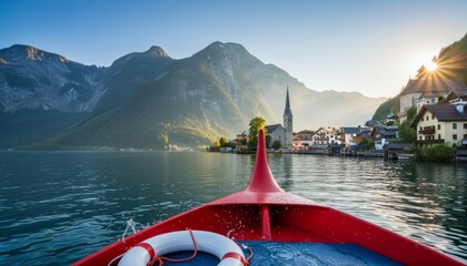 The bow of a red pleasure boat with a life ring moves across blue water toward a picturesque lakeside village and mountains in the warm morning sun