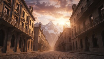 Empty cobblestone street in a historic town with classical architecture leads towards majestic snow-capped mountains during a dramatic and beautiful golden hour sunrise