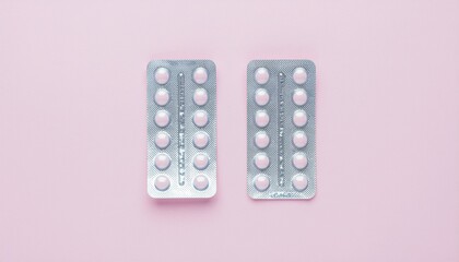 Pink medical contraceptive pills in blisters on pastel pink background.