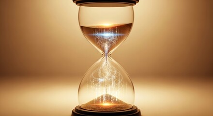 Hourglass with flowing sand illuminated by warm light  