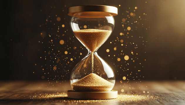 Hourglass with flowing sand on wooden background. Time passing concept.