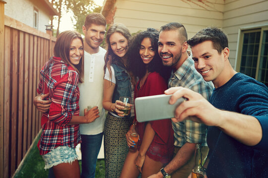 Selfie, smile and group of friends in backyard for memory, bonding or connection together on weekend. Happy, love and people with photography picture for social media post outdoor at apartment.