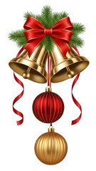 Golden christmas bells with red bow and ornaments isolated on transparent background