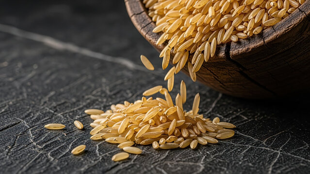 Uncooked Raw Brown Rice Grains Pouring from Rustic Wooden Bowl onto Dark Textured Surface Healthy Cereal Ingredient Staple Food for Diet