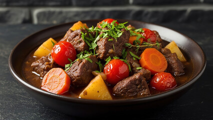 Rich Beef Stew with Carrots Potatoes and Cherry Tomatoes Garnished with Fresh Parsley Served in Dark Ceramic Bowl Against Rustic Brick Background