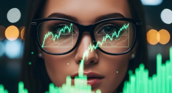 Woman wearing glasses with stock market graph reflected in lenses.
