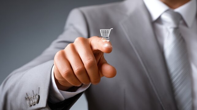 Businessman clicks on online shopping cart finalizing purchase in digital commerce setting at evening office