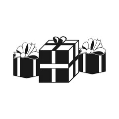 Black and White Gift Box Illustration with Decorative Ribbons