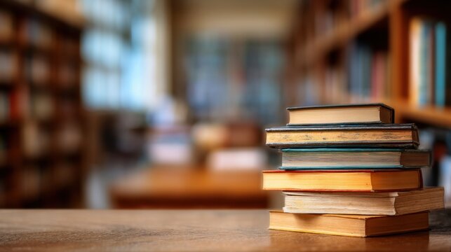 A collection of books lies on a wooden table in a serene library setting. Soft light filters through the shelves creating a peaceful reading atmosphere.
