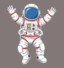Cartoon astronaut in white spacesuit with blue visor floating in space, space exploration character pose, flat vector illustration
