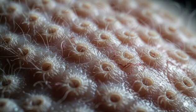 Extreme macro view of a fleshy surface reveals intricate details of porous follicles, tiny translucent hairs, and delicate red veins creating an unusual organic pattern