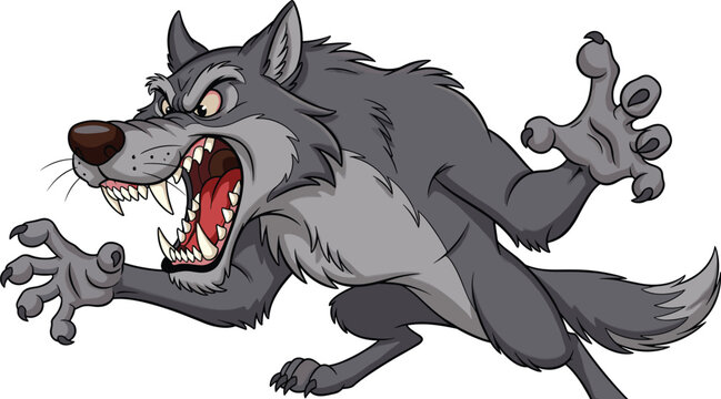 Cartoon wolf in aggressive stance with claws and sharp teeth, fierce animal character in motion, flat vector illustration