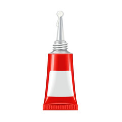 A stylized red super glue tube with a precise nozzle dripping a single translucent drop on a transparent background. Concept of instant repair and diy