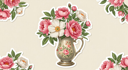 Obraz premium Floral Bouquet in Pitcher Elegant Peonies and White Flowers Sticker