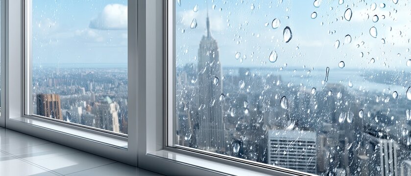 Rain droplets on glass with city skyline in the background during a cloudy day - Powered by Adobe