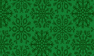 A vibrant, dark green, seamless pattern featuring large, stylized, and rustic snowflake designs with a subtle distressed texture, traditional, and festive Christmas or seasonal winter mood.