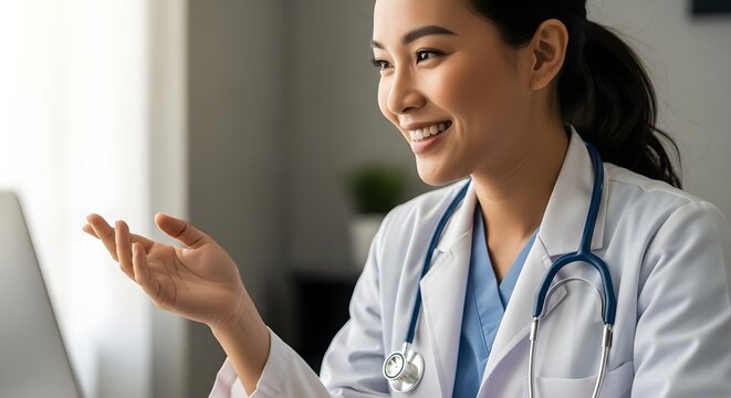 Young Asian female doctor smiling and gesturing while consulting a patient online.