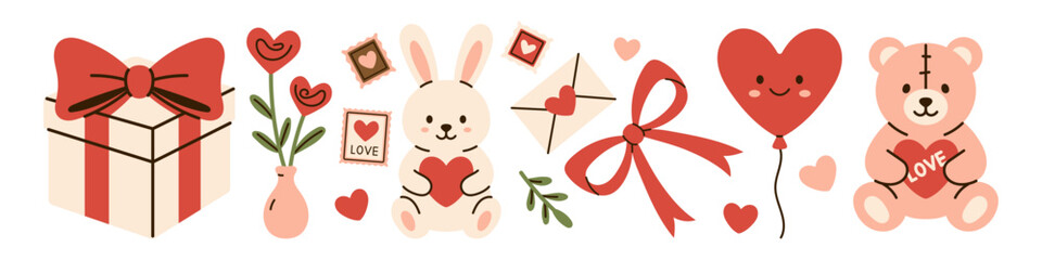 Vector set of cute Valentines day elements with gift box, heart flower, bunny, envelope, bow, balloon, teddy bear with love heart. Romantic holiday collection for greeting card, banner, kid design.