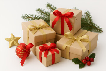 Fototapeta premium Christmas Gift Boxes with Festive Holiday Decorations on White Background
