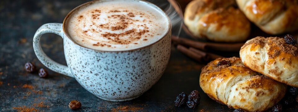 Cup of hot cappuccino with cinnamon and sweet pastries on dark textured surface. Cozy morning coffee and bakery concept. banner