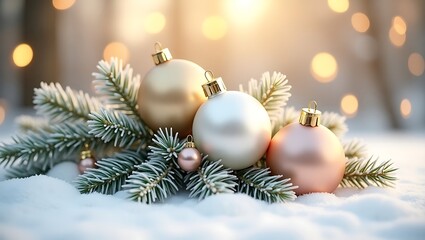 Festive christmas ornaments nestled in frosted pine branches on a snowy surface with bokeh lights