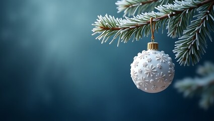 Frosted pine branch with white ornate christmas ornament hanging in soft blue light