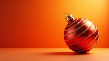 A single red christmas ornament with swirling silver stripes on a warm orange background