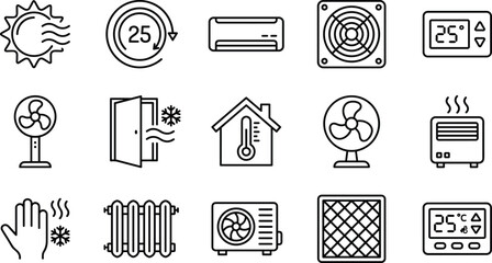 HVAC icon set, heating cooling ventilation symbols, thermostat and temperature control graphics, black line style, cad drawing flat vector