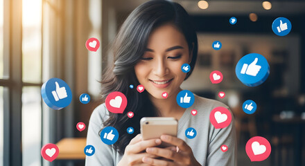 Young Woman Engaged with Social Media on Smartphone Surrounded by Likes and Hearts 1.