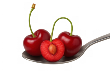 Group of fresh, ripe red cherries with green stems and one cherry cut in half showing the pip on a silver spoon