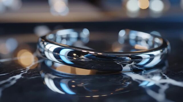 Closeup of a sleek, reflective metal cuff bracelet with blue accents