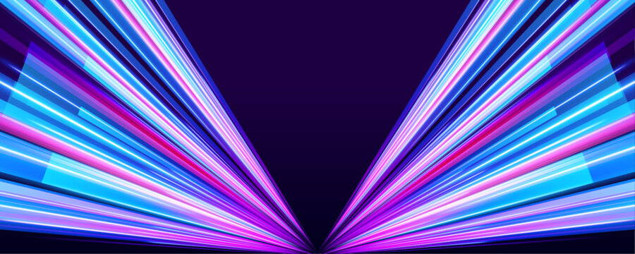Sharp digital curves twist through a glowing cyber grid. Intense pink and cyan rays sweep forward like accelerated signals. The illuminated lines convey futuristic network power.
