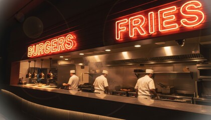 Bustling modern restaurant kitchen with chefs cooking under bright red neon signs for burgers and fries in a dark, atmospheric setting with warm cinematic lighting