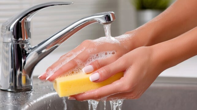 Woman washing hands with soap and sponge in kitchen sink - Powered by Adobe