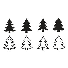 Set of Black and Outline Pine Tree Icons 