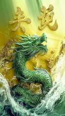 Majestic green dragon rising from waves fantasy artwork serene landscape dynamic viewpoint
