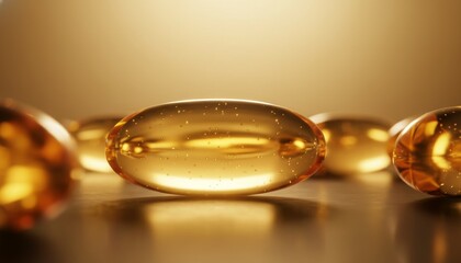 Golden translucent oil-filled softgel capsule with tiny bubbles rests on a reflective surface with a warm, luxurious glow and a shallow depth of field