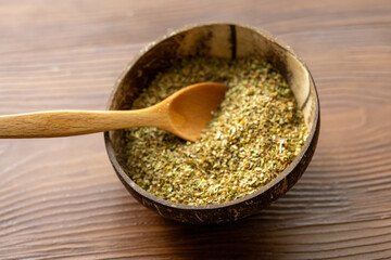Close-Up of Fresh Thyme in a Coconut Bowl