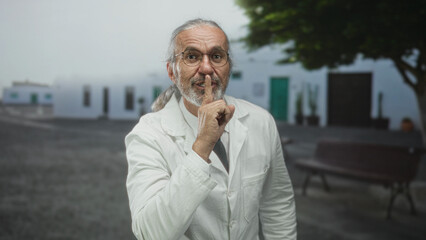 Man scientist in white coat with gray long hair and glasses holds finger to lips for silence on...