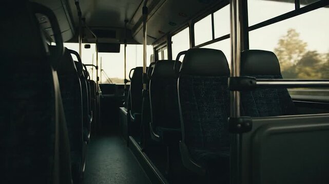 Empty bus interior with patterned seats and sunlight streaming through windows
