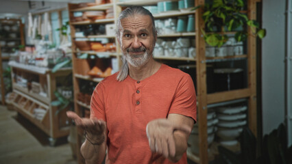 Obraz premium Man smiling and gesturing with open palms toward ceramic shelves in a building shop interior; welcoming home decor.