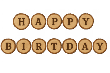 Happy birthday text creating a rustic celebration message using wooden log slices on a transparent background
