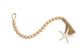 Wooden bead garland with tassel and starfish, transparent background