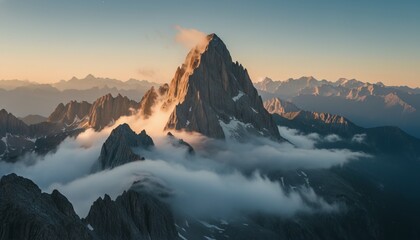 Majestic rocky mountain peak with snow is illuminated by warm golden light at sunrise, rising above swirling clouds in a vast and serene alpine landscape