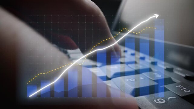 A creative representation of data analysis combining a keyboard with a rising graph. The image illustrates business growth and innovation through technology and visualization. Copula