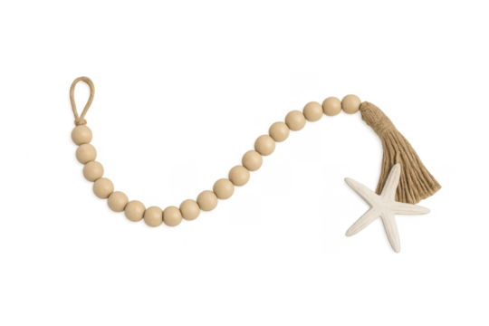 Wooden bead garland with tassel and starfish, transparent background