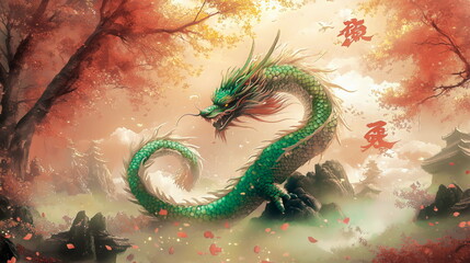 Majestic dragon dance amidst autumn trees in serene landscape art