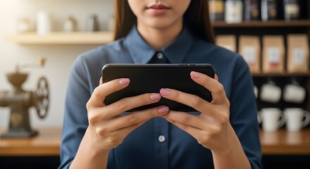 Young Woman Using Smartphone in a Coffee Shop Setting.