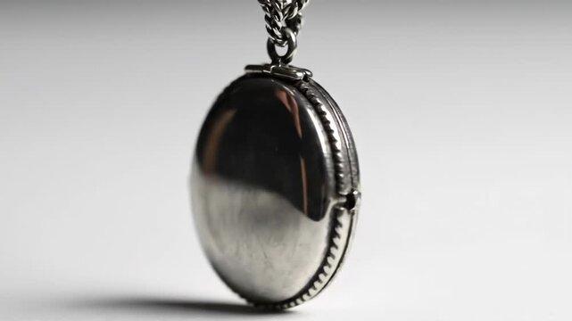Closeup of a polished silver oval locket on a chain
