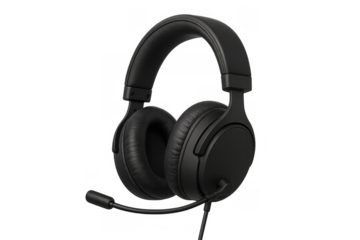 Black gaming headset for immersive audio experience and communication, isolated on a transparent background, providing clear sound